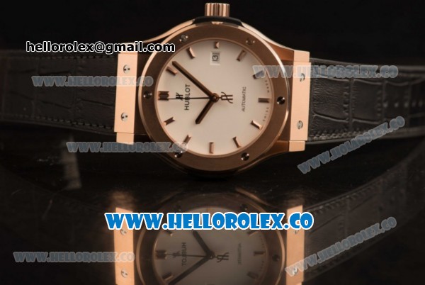 Hublot Classic Fusion Miyota 9015 Automatic Rose Gold Case with White Dial and Black Leather Strap (AAAF) - Click Image to Close