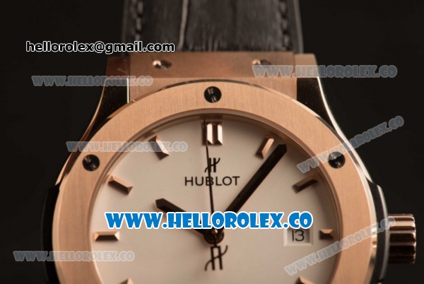 Hublot Classic Fusion Miyota 9015 Automatic Rose Gold Case with White Dial and Black Leather Strap (AAAF) - Click Image to Close