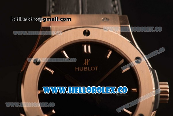 Hublot Classic Fusion Miyota 9015 Automatic Rose Gold Case with Black Dial and Black Leather Strap (AAAF) - Click Image to Close