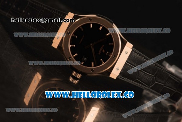 Hublot Classic Fusion Miyota 9015 Automatic Rose Gold Case with Black Dial and Black Leather Strap (AAAF) - Click Image to Close