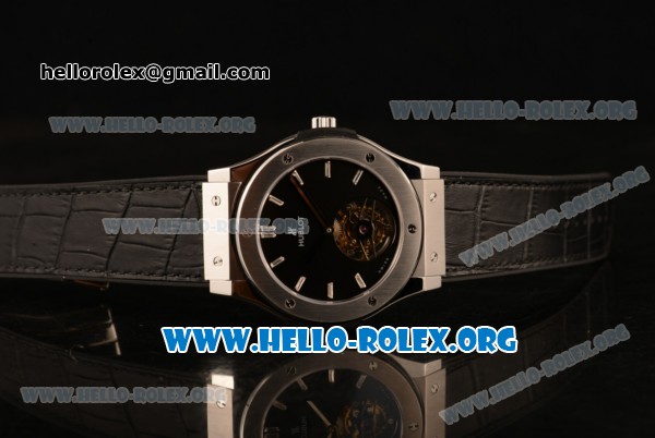 Hublot Classic Fusion Tourbillon Swiss Tourbillon Manual Winding Steel Case with Black Dial and Black Leather Strap (ZF) - Click Image to Close