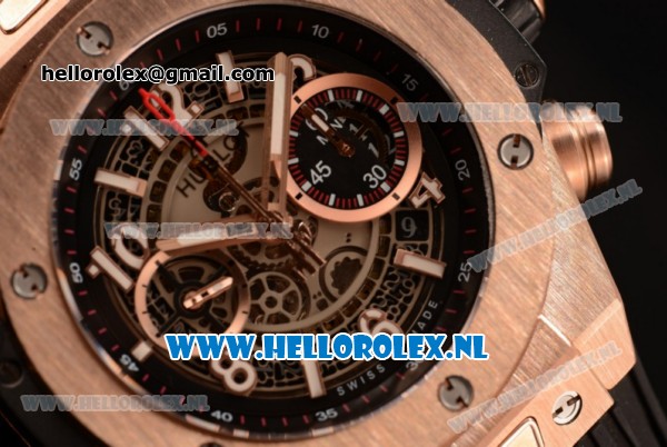 Hublot Big Bang Unico Chrono Swiss Valjoux 7750 Automatic Rose Gold Case with Skeleton Dial Rose Gold Bezel and Black Rubber Strap - 1:1 Original - Click Image to Close