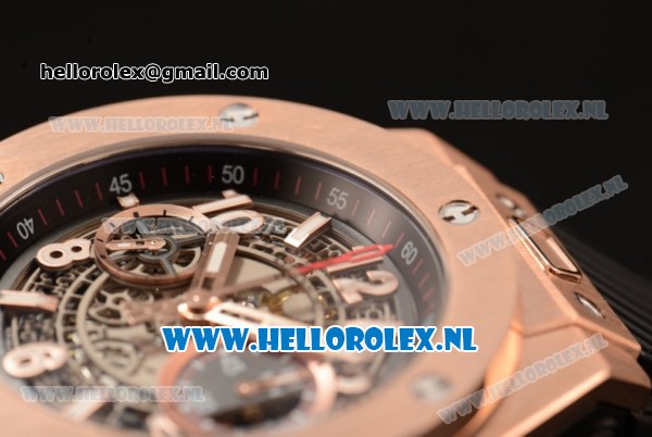 Hublot Big Bang Unico Chrono Swiss Valjoux 7750 Automatic Rose Gold Case with Skeleton Dial Rose Gold Bezel and Black Rubber Strap - 1:1 Original - Click Image to Close