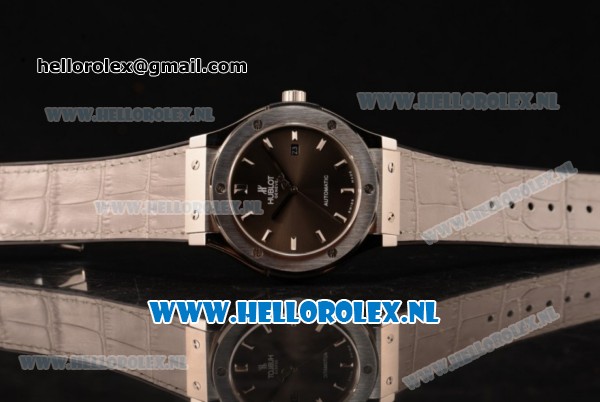 Hublot Classic Fusion 9015 Auto Steel Case with Black Dial and Grey Leather Strap - Click Image to Close
