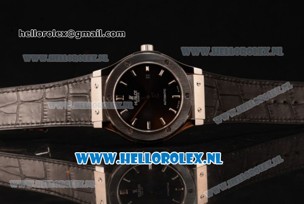 Hublot Classic Fusion 9015 Auto Steel Case with Black Dial and Black Leather Strap - Click Image to Close