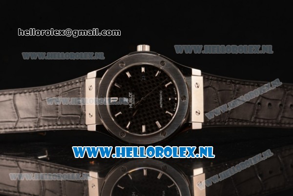 Hublot Classic Fusion 9015 Auto Steel Case with Stick Markers Black Dial and Black Leather Strap - Click Image to Close