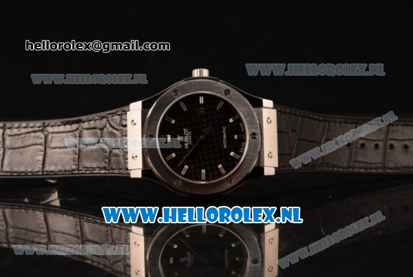 Hublot Classic Fusion 9015 Auto Steel Case with Black Dial and Black Leather Strap Stick Markers - Click Image to Close