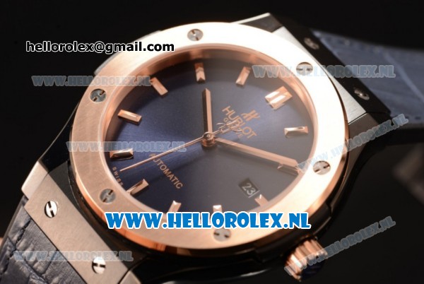 Hublot Classic Fusion 9015 Auto PVD/Rose Gold Case with Blue Dial and Blue Leather Strap - Click Image to Close
