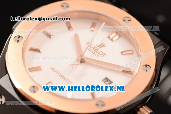 Hublot Classic Fusion 9015 Auto PVD/Rose Gold Case with White Dial and Black Leather Strap - Click Image to Close
