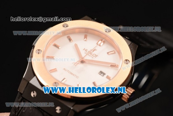 Hublot Classic Fusion 9015 Auto PVD/Rose Gold Case with White Dial and Black Leather Strap - Click Image to Close