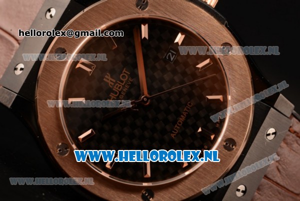 Hublot Classic Fusion 9015 Auto PVD/Rose Gold Case with Black Dial and Brown Leather Strap - Click Image to Close