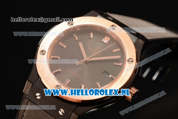Hublot Classic Fusion 9015 Auto PVD/Rose Gold Case with Grey Dial and Grey Leather Strap - Click Image to Close