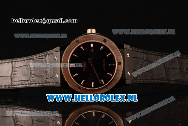 Hublot Classic Fusion 9015 Auto PVD/Rose Gold Case with Black Dial and Black Leather Strap - Click Image to Close