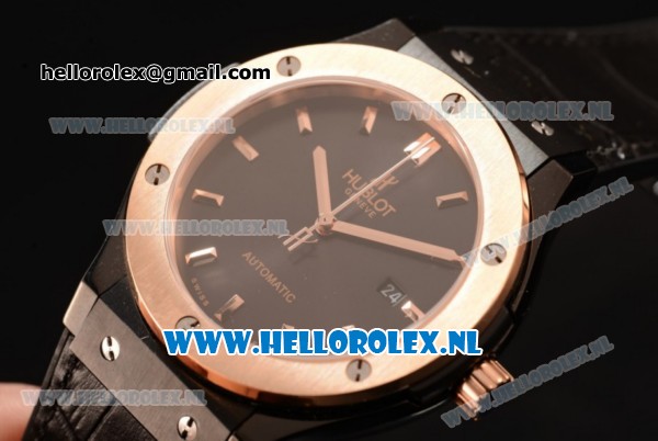 Hublot Classic Fusion 9015 Auto PVD/Rose Gold Case with Black Dial and Black Leather Strap - Click Image to Close