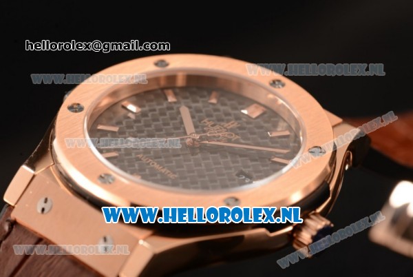 Hublot Classic Fusion 9015 Auto Rose Gold Case with Black Dial and Brown Leather Strap - Click Image to Close