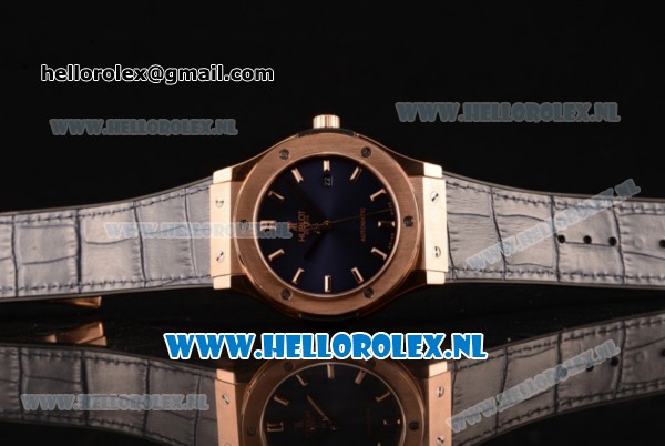 Hublot Classic Fusion 9015 Auto Rose Gold Case with Blue Dial and Blue Leather Strap - Click Image to Close