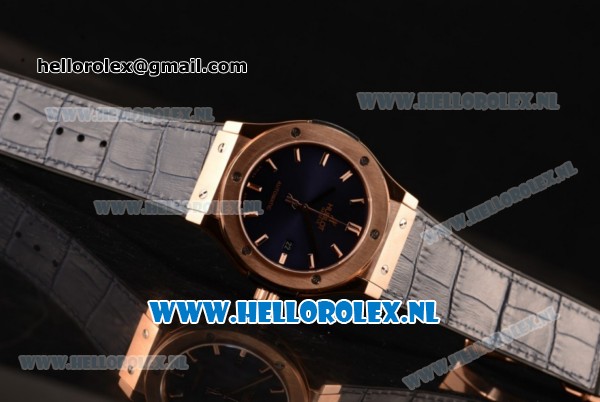 Hublot Classic Fusion 9015 Auto Rose Gold Case with Blue Dial and Blue Leather Strap - Click Image to Close