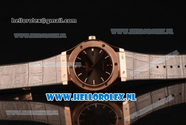 Hublot Classic Fusion 9015 Auto Rose Gold Case with Grey Dial and Grey Leather Strap - Click Image to Close