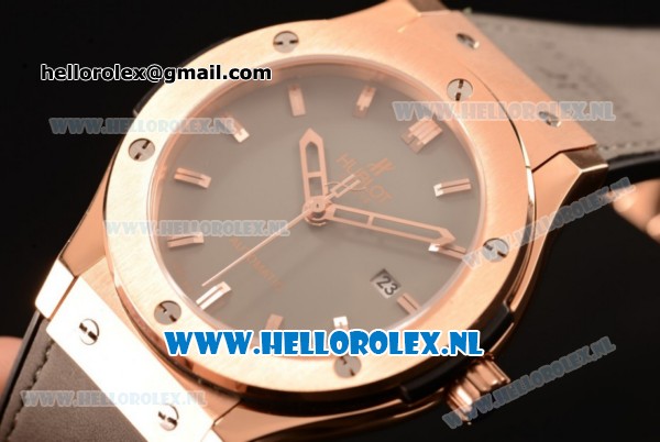 Hublot Classic Fusion 9015 Auto Rose Gold Case with Grey Dial and Grey Leather Strap - Click Image to Close