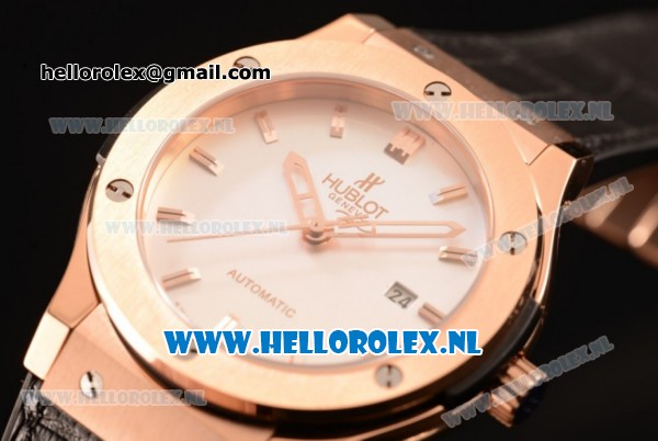 Hublot Classic Fusion 9015 Auto Rose Gold Case with White Dial and Black Leather Strap - Click Image to Close