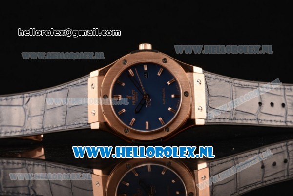 Hublot Classic Fusion 9015 Auto Rose Gold Case with Blue Dial and Blue Leather Strap - Click Image to Close