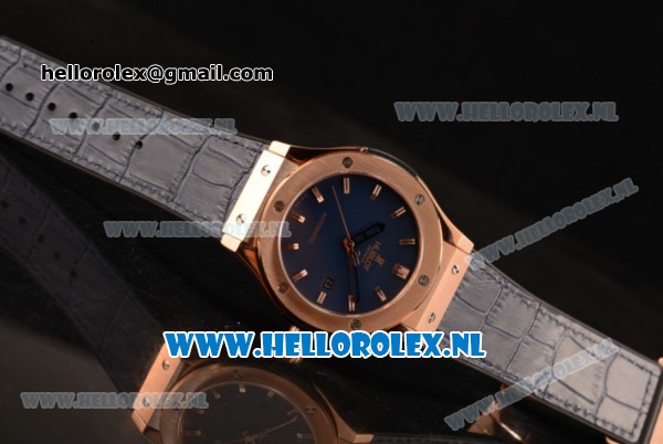 Hublot Classic Fusion 9015 Auto Rose Gold Case with Blue Dial and Blue Leather Strap - Click Image to Close
