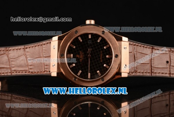 Hublot Classic Fusion 9015 Auto Rose Gold Case with Black Dial and Brown Leather Strap - Click Image to Close