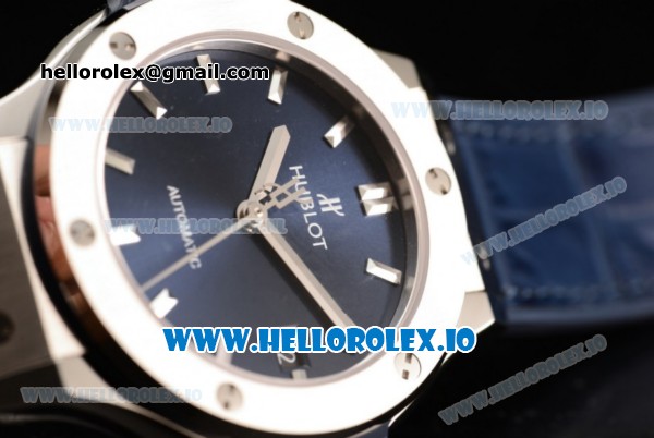 Hublot Classic Fusion Japanese Miyota 9015 Automatic Movement Steel Blue Dial and Stick Markers Leather Strap (JF) - Click Image to Close