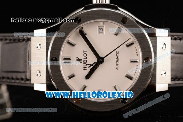 Hublot Classic Fusion Japanese Miyota 9015 Automatic Movement Steel White Dial and Stick Markers Leather Strap (JF) - Click Image to Close