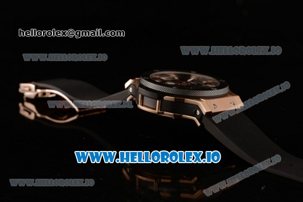Hublot Aero Bang Chrono Swiss Valjoux 7750 Automatic Rose Gold/PVD Case Black Dial With Stick Markers Black Rubberr Strap - Click Image to Close