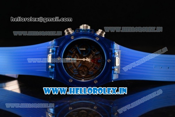 Hublot Big Bang Unico Blue Sapphire Chrono Swiss Valjoux 7750 Automatic Rubber Case Skeleton Dial With Stick/Arabic Numeral Markers Blue Rubber Strap - Click Image to Close