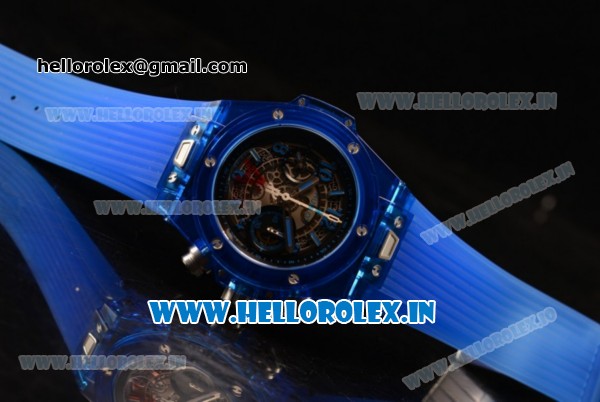 Hublot Big Bang Unico Blue Sapphire Chrono Swiss Valjoux 7750 Automatic Rubber Case Skeleton Dial With Stick/Arabic Numeral Markers Blue Rubber Strap - Click Image to Close