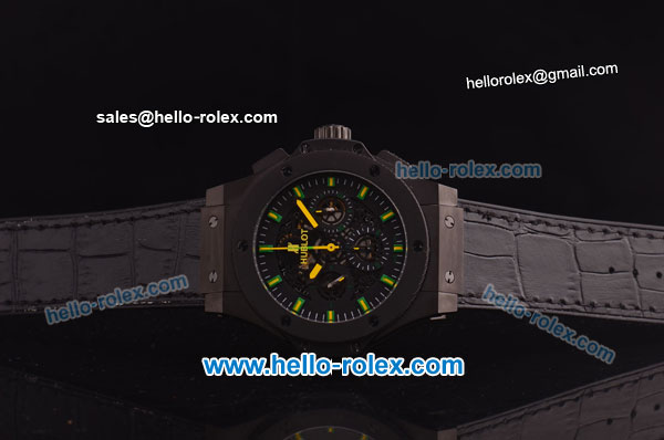 Hublot Aero Bang Niemeyer Swiss Valjoux 7750 Automatic Movement PVD Case with Black Skeleton Dial and Green/Yellow Markers/Hands - Click Image to Close