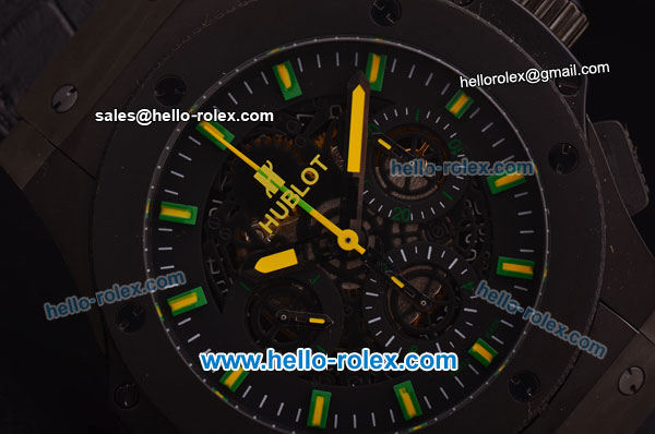 Hublot Aero Bang Niemeyer Swiss Valjoux 7750 Automatic Movement PVD Case with Black Skeleton Dial and Green/Yellow Markers/Hands - Click Image to Close