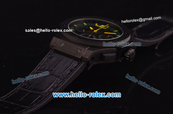 Hublot Aero Bang Niemeyer Swiss Valjoux 7750 Automatic Movement PVD Case with Black Skeleton Dial and Green/Yellow Markers/Hands - Click Image to Close