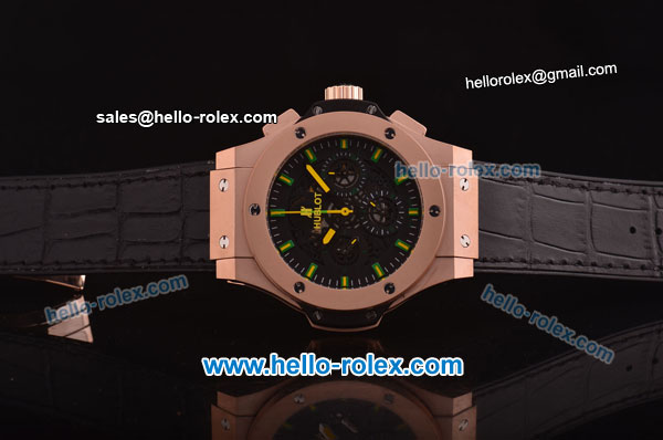 Hublot Aero Bang Niemeyer Swiss Valjoux 7750 Automatic Movement Rose Gold Case with Black Skeleton Dial and Green/Yellow Markers/Hands - Click Image to Close