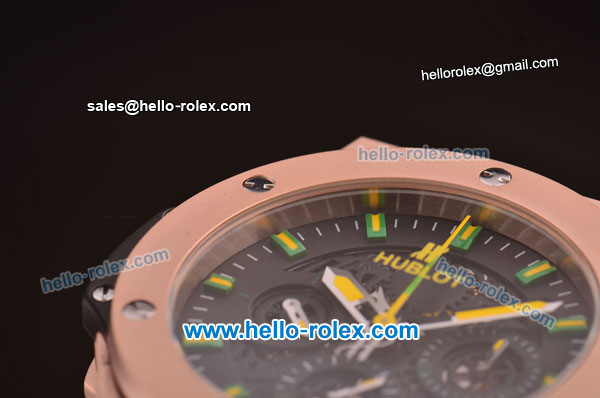 Hublot Aero Bang Niemeyer Swiss Valjoux 7750 Automatic Movement Rose Gold Case with Black Skeleton Dial and Green/Yellow Markers/Hands - Click Image to Close