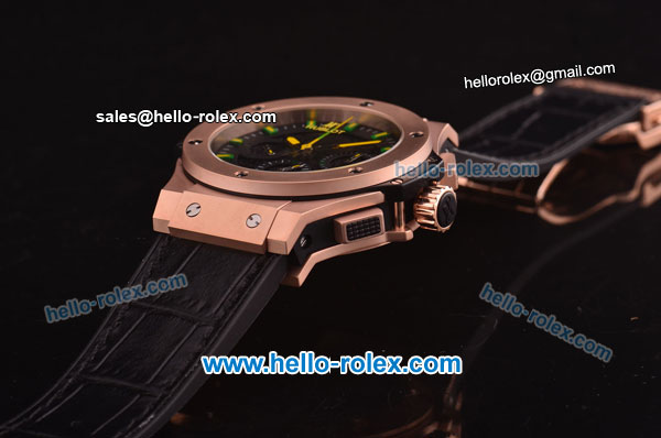 Hublot Aero Bang Niemeyer Swiss Valjoux 7750 Automatic Movement Rose Gold Case with Black Skeleton Dial and Green/Yellow Markers/Hands - Click Image to Close