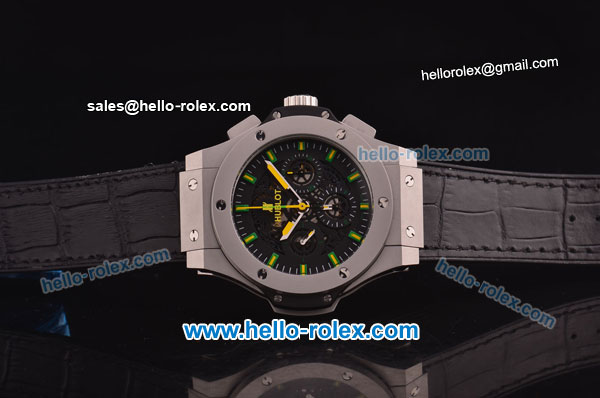Hublot Aero Bang Niemeyer Swiss Valjoux 7750 Automatic Movement Steel Case with Black Skeleton Dial and Green/Yellow Markers/Hands - Click Image to Close