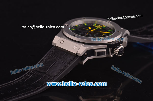Hublot Aero Bang Niemeyer Swiss Valjoux 7750 Automatic Movement Steel Case with Black Skeleton Dial and Green/Yellow Markers/Hands - Click Image to Close