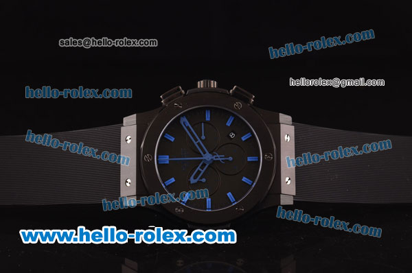Hublot Classic Fusion Chrono Miyota Quartz PVD Case with Black Dial - Blue Markers and Black Rubber Strap - Click Image to Close