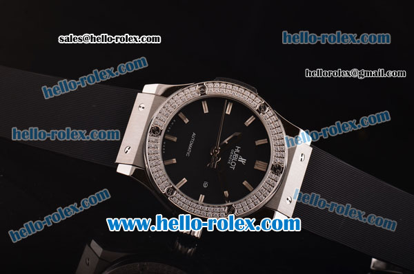 Hublot Classic Fusion Automatic Steel Case with Diamond Bezel - Black Dial and Black Rubber Strap - ETA Coating - Click Image to Close