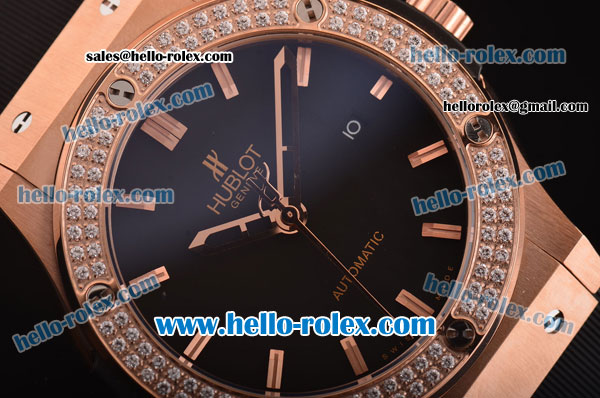 Hublot Classic Fusion Automatic Rose Gold Case with Diamond Bezel - Black Dial and Black Rubber Strap - ETA Coating - Click Image to Close