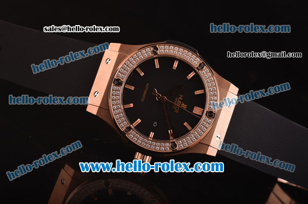 Hublot Classic Fusion Automatic Rose Gold Case with Diamond Bezel - Black Dial and Black Rubber Strap - ETA Coating - Click Image to Close