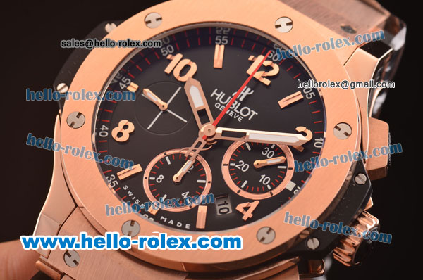 Hublot Big Bang Swiss Valjoux 7750 Automatic Rose Gold Case/Strap with Black Dial - Click Image to Close
