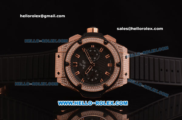 Hublot King Power Swiss Valjoux 7750 Automatic Rose Gold/Diamond Case with Black Dial and Black Rubber Strap - Click Image to Close