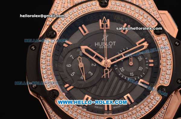 Hublot King Power Swiss Valjoux 7750 Automatic Rose Gold/Diamond Case with Black Dial and Black Rubber Strap - Click Image to Close