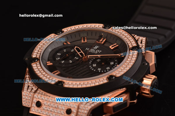 Hublot King Power Swiss Valjoux 7750 Automatic Rose Gold/Diamond Case with Black Dial and Black Rubber Strap - Click Image to Close