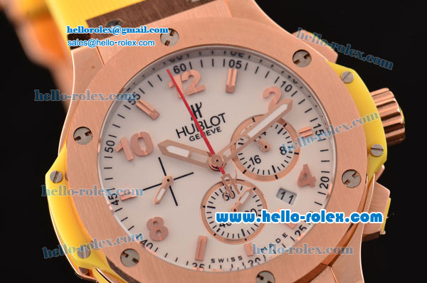 Hublot Big Bang Chronograph Miyota Quartz Movement Gold Case with White Dial and Rose Gold Arabic Numerals - Yellow Rubber Strap - Click Image to Close