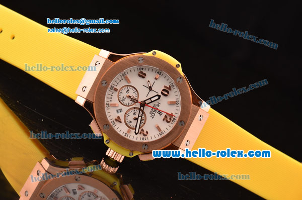 Hublot Big Bang Chronograph Miyota Quartz Movement Gold Case with White Dial and Rose Gold Arabic Numerals - Yellow Rubber Strap - Click Image to Close